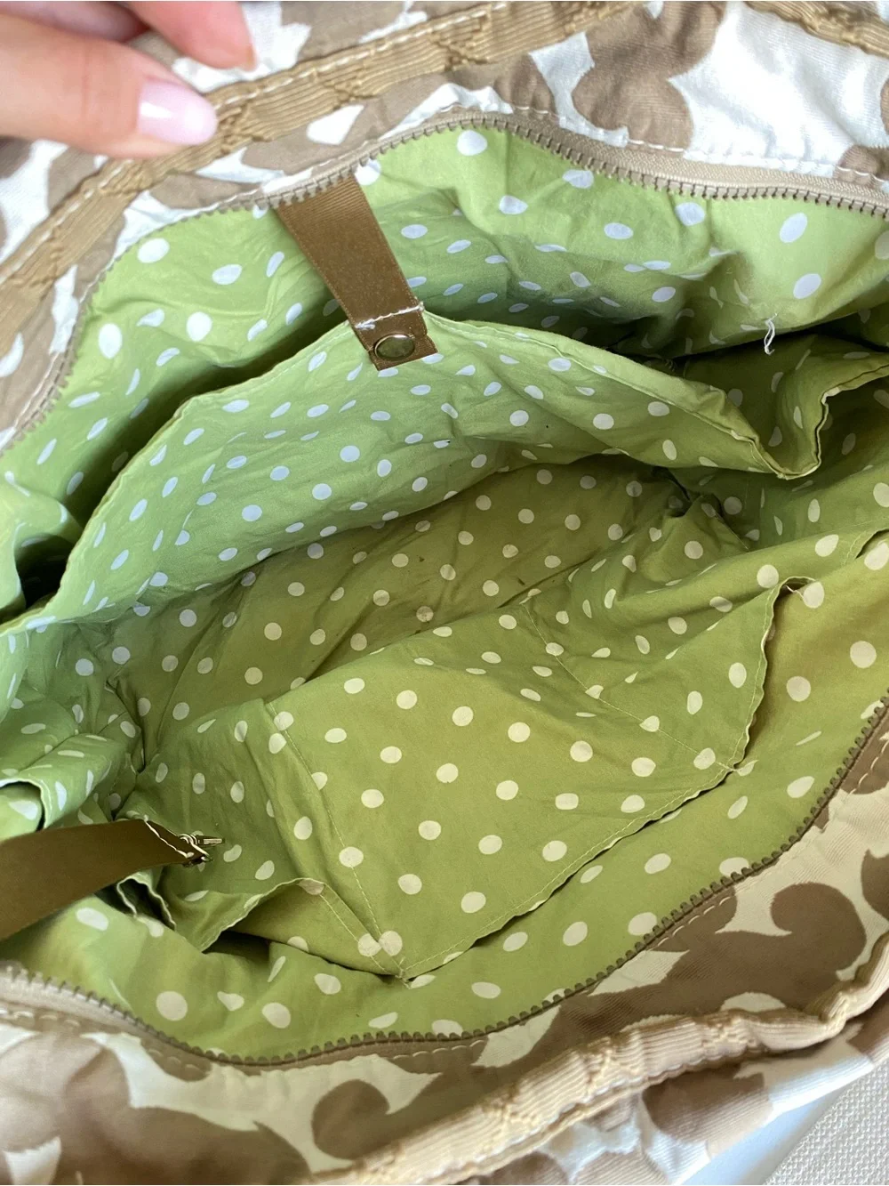 Berkshire Bags Tan & Green Cotton Knit Paisley Polka Dot Print Large Tote Purse